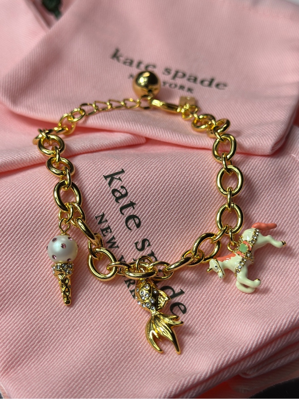 kate spade gold-tone charm bracelet with pastel pink and white charms - Picture 2 of 4